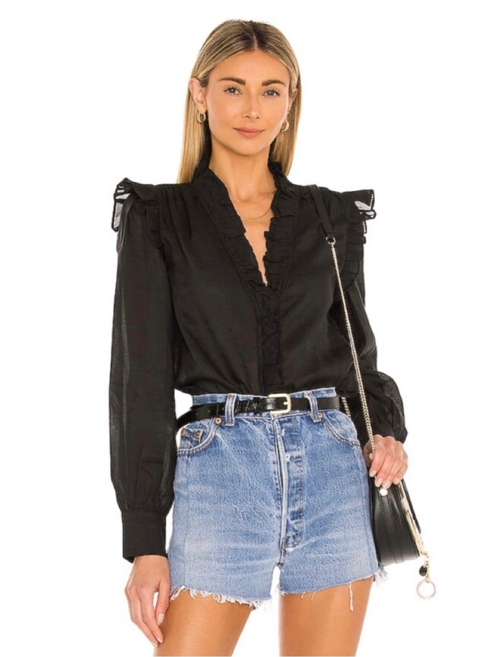 NWOT💕FRAME Lauren Long-Sleeve Ruffle-Trim Blouse Size XS